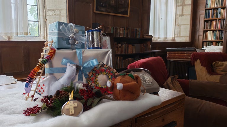 A selection of decorations ready to be displayed for Christmas at Baddesley Clinton, Warwickshire